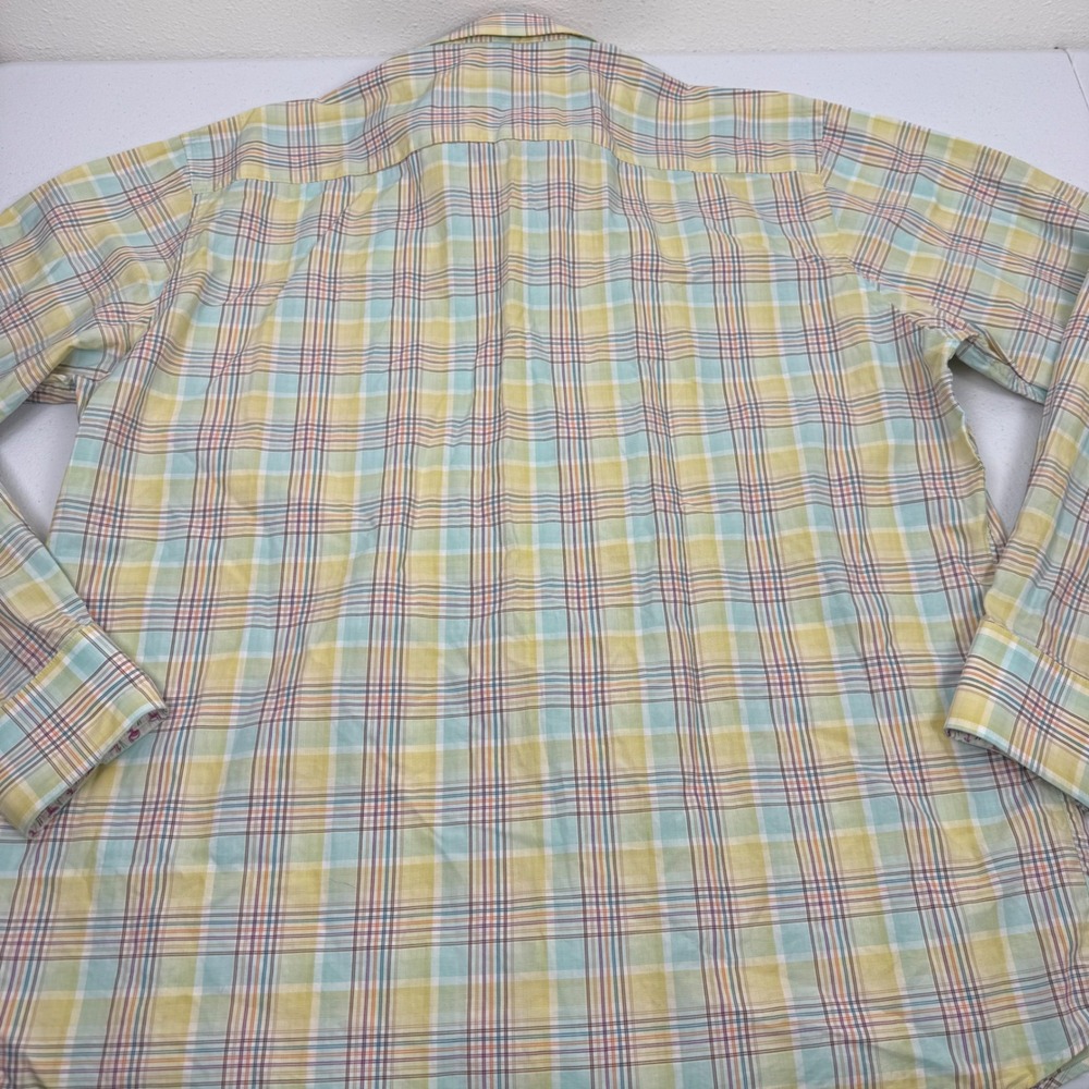 Bugatchi Mens Classic Fit Plaid Button Down Shirt Yellow Green Flamingo Large - Picture 9 of 9